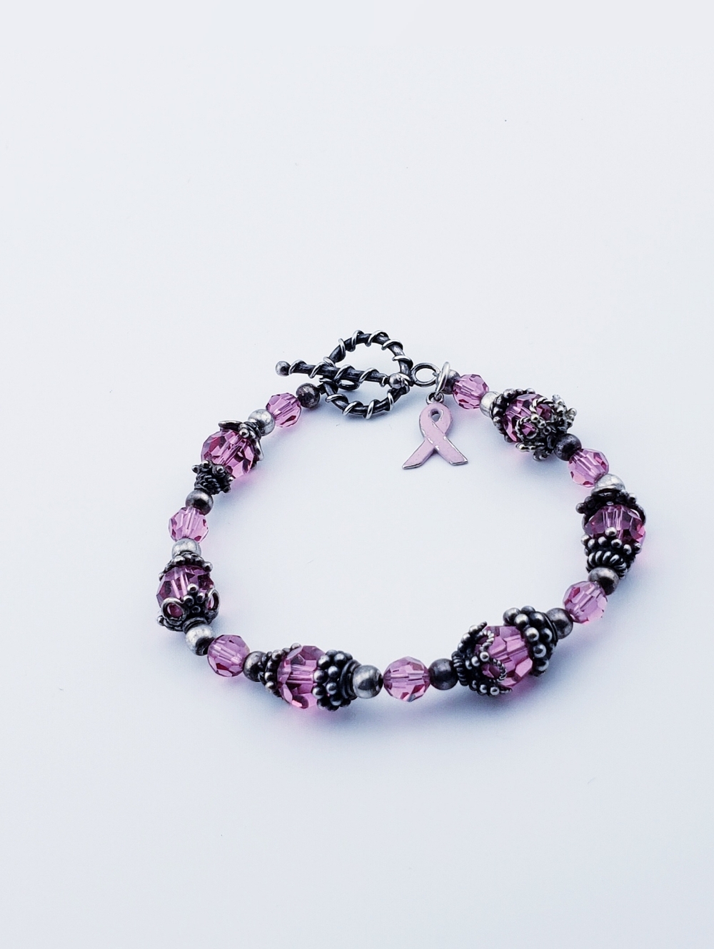 Beautiful Pink Glass Crystal Breast Cancer Awareness Ribbon Bracelet - Picture 6 of 6